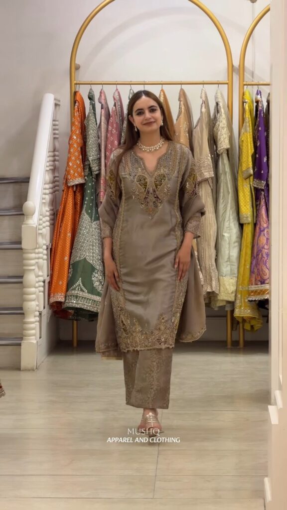 Taupe Silk Embellished Kurta Set – Available in Taupe & Multicoloured Collection - Photo 1